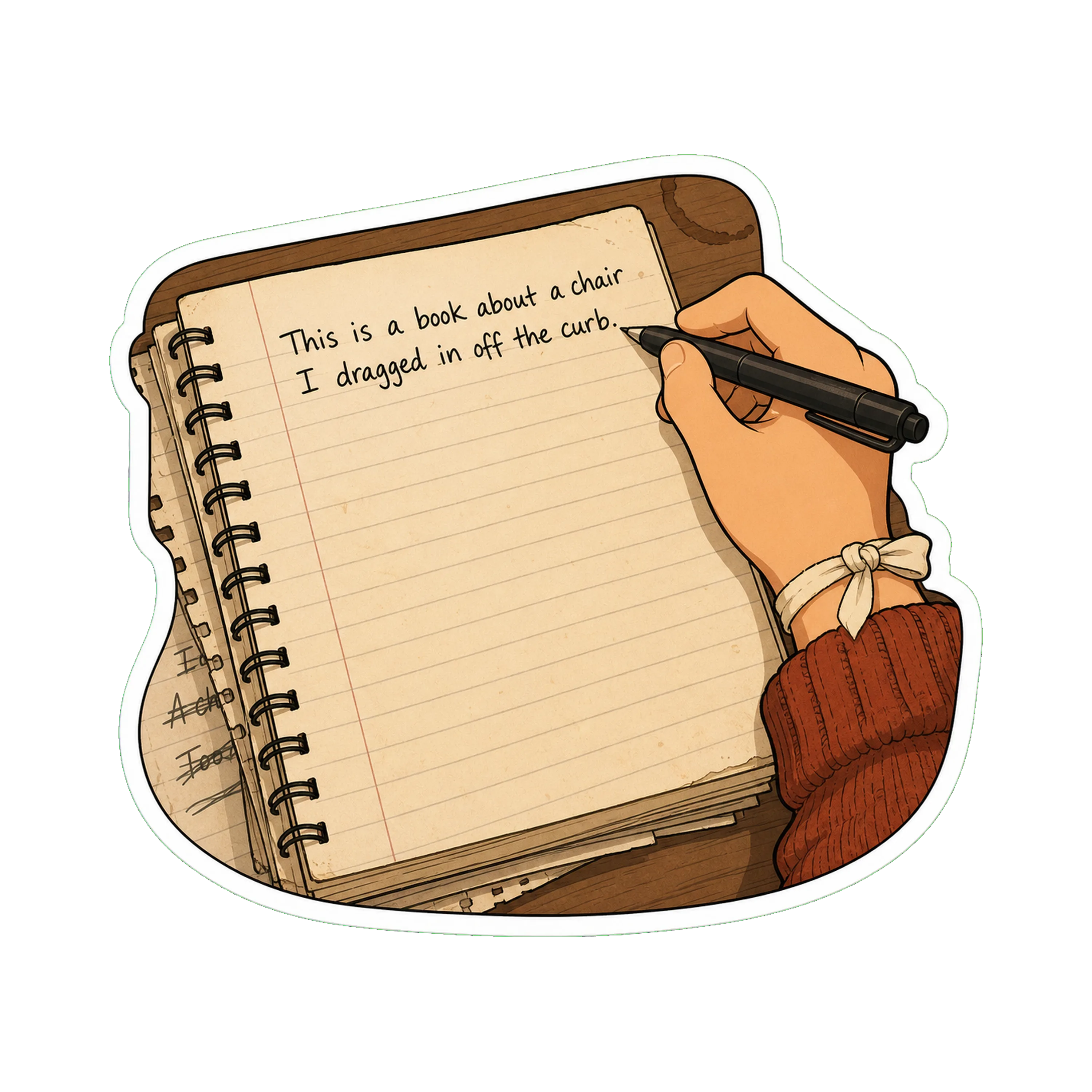 The first sentence written in Jan's handwriting at the top of page one: *'This is a book about a chair I dragged in off the curb.'* The pen has just-finished writing it